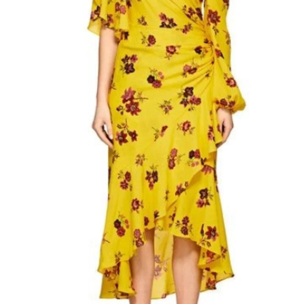 A.L.C Silk Florence Floral Ruffles Asymmetrical Midi Dress Linsey Yellow XS $675